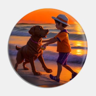 child playing with a dog on the beach. Pin