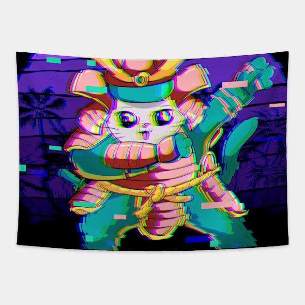 Vaporwave Japanese Samurai Maneki Neko Aesthetic Tapestry by Alex21