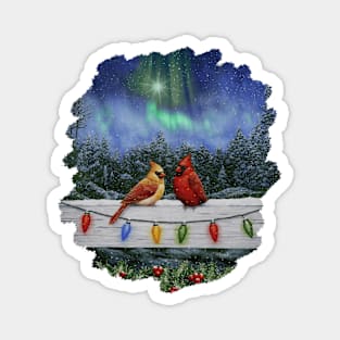 Red Cardinals and Christmas Lights Holiday Scene Magnet