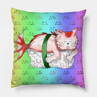 sushi cat on a pale rainbow background Pillow