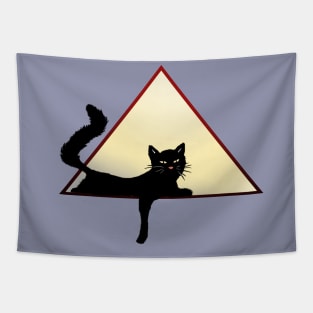 black lounging cat in geometric triangle design art Tapestry