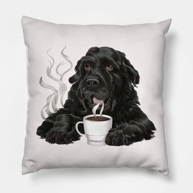 Lazy Black Dog Drinking Coffee Pillow by Simo_Print