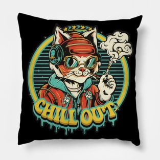 Urban Style Cat Wearing Headphones cool style and smoking Pillow