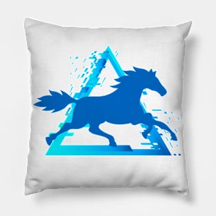 Horse Trotting with a Pixelated Triangular Explosion: Modern Design (blue) Pillow