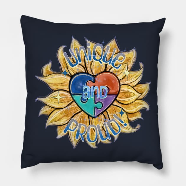 Autism Awareness Unique and Proud Puzzle Heart Design Pillow by mythikcreationz
