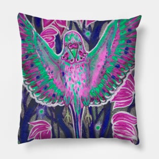 Colorful violet budgie bird in flowers Pillow