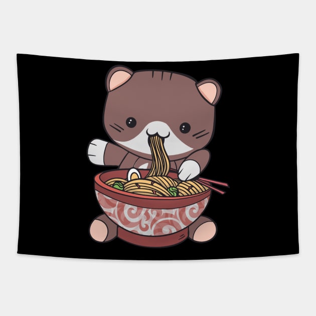 Kawaii Ramen Kitty - Cat Vaporwave Aesthetic World Tapestry by PinkyTree