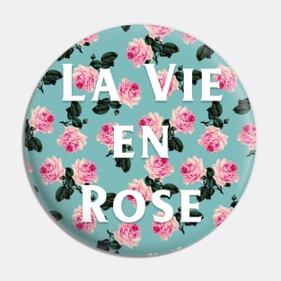 La Vie En Rose - scattered pink vintage roses on turquoise Pin