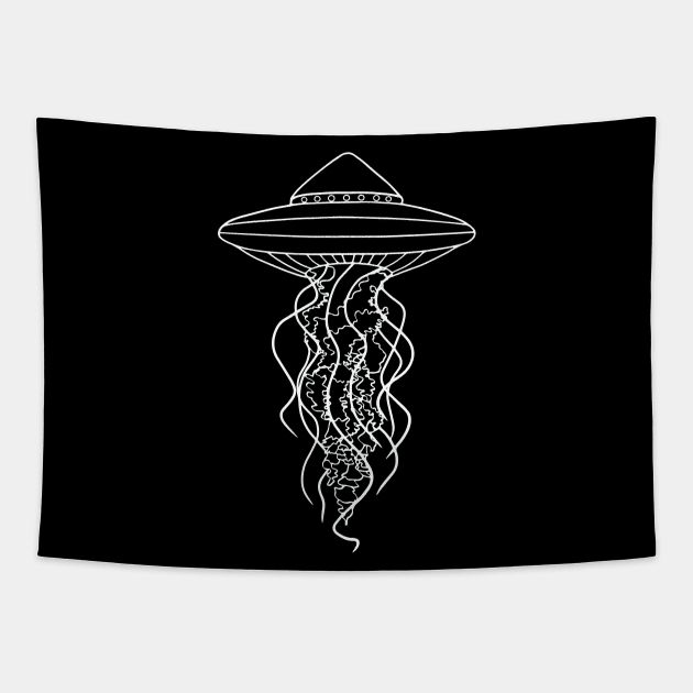 UFO Jellyfish White Line Drawing on Black Tapestry by Ciara Shortall Art