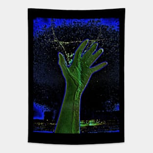 Digital collage and special processing. Hand reaching stars. Monster or great friend. Blue and green, very psychedelic. Tapestry