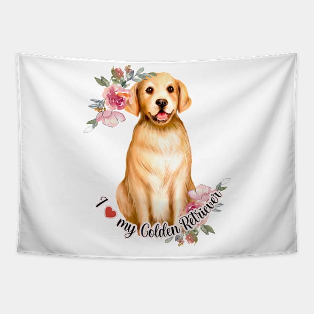 I love my Golden Retriever Cute Dog Watercolor Art Tapestry by AdrianaHolmesArt