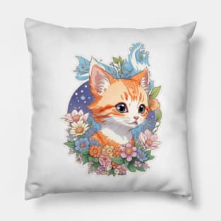 A Print Of Vivid Cute Kitten Cat Head With Fantasy Flowers Pillow