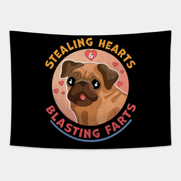 Stealing Hearts And Blasting Farts Dog Pug Valentine's Day Tapestry by OrangeMonkeyArt