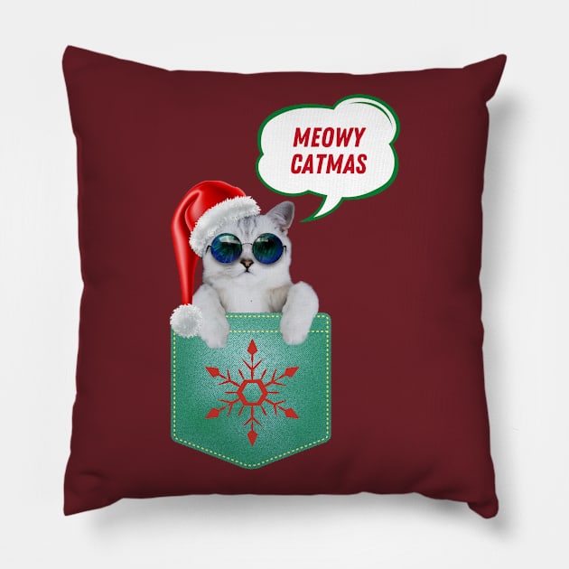 Cute Meowy Catmas Christmas Cat In Pocket Pillow by Hypnotic Highs