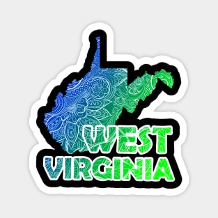 Colorful mandala art map of West Virginia with text in blue and green Magnet