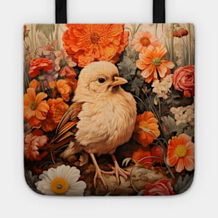 Retro Vintage Art Style Baby Chick surrounded in by Flowers - Whimsical Nature Design Tote
