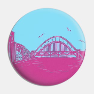 Bridges of NewcastleGateshead Quayside Linocut in Turquoise and Raspberry Pin