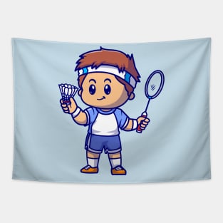 Cute Boy Playing Badminton Cartoon Tapestry