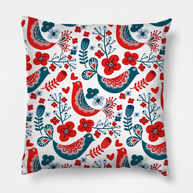 Scandinavian Folk Art Pattern Design Birds Pillow by Rengaw Designs