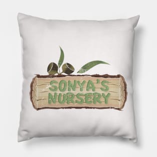 Neighbours Sonya's Nursery Logo Distressed Pillow