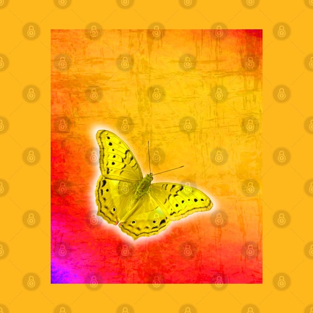 Glowing yellow butterfly on vibrant textured background by hereswendy