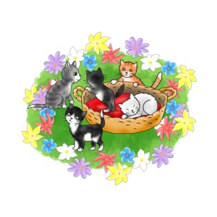 funny cartoon kittens in a basket on a background of flowers T-Shirt