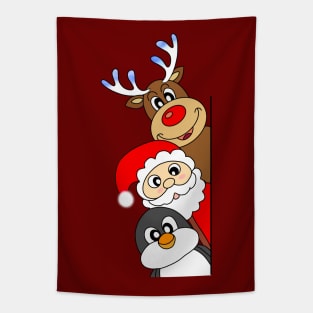 Christmas friends: a penguin, santa and Rudolph Tapestry