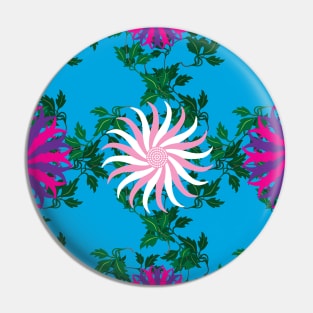 White and Pink, Cerise and Purple Flowers on a Vine Leaf and Vibrant Blue background Pin