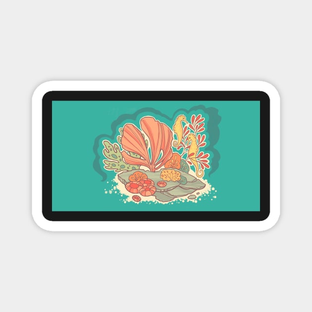 Peppy Yellow Seahorses in a Colorful Coral Reef Magnet by kirimoth