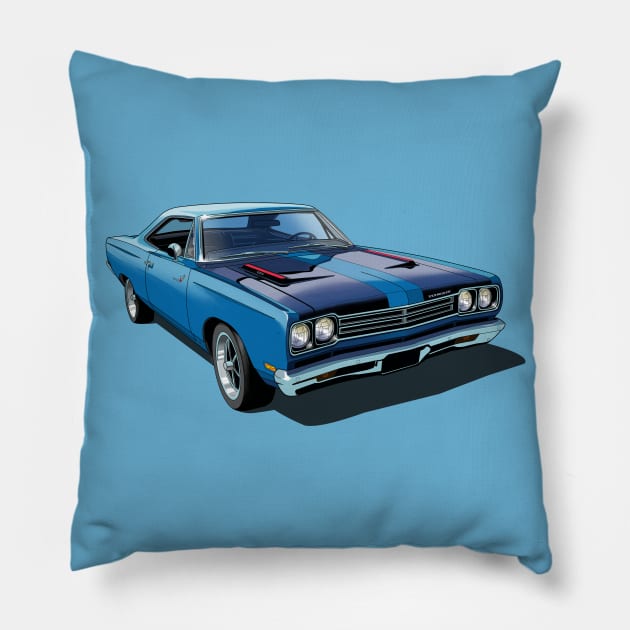 1969 Plymouth Roadrunner in blue Pillow by candcretro