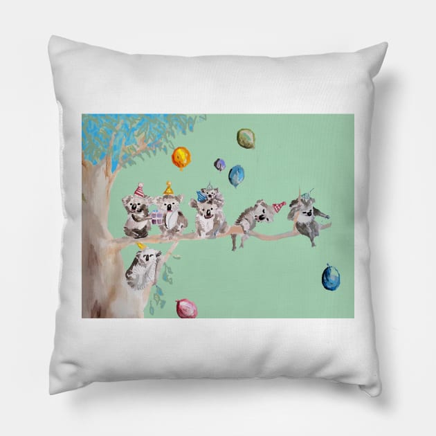 Koala Watercolor Painting, The Koalas Birthday Party - on Mint Green Pillow by SarahRajkotwala