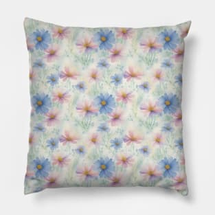 Watercolor pattern with blue and pink cosmos flowers Pillow