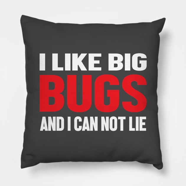 I like Big Bugs Red White Funny Text Insect Pillow by Mellowdellow