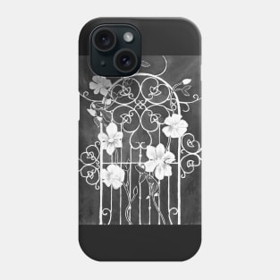 Clematis Flower and Vine on Wrought Iron Trellis, Black and White Phone Case