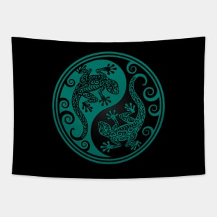 Teal Blue and Black Yin Yang Geckos Tapestry