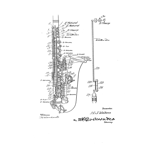 Saxophone Vintage Patent Hand Drawing by TheYoungDesigns