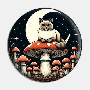 Funny Vintage White Cat in Mushroom Garden Pin