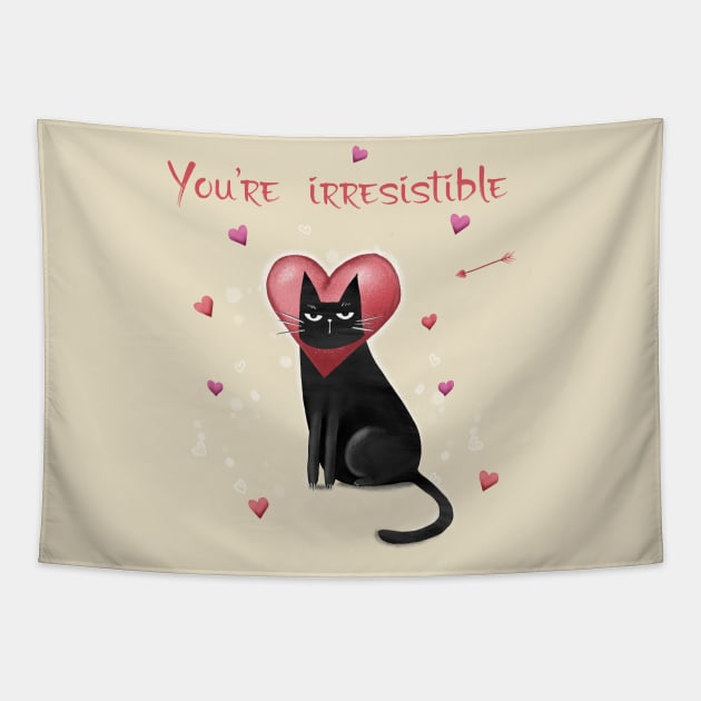 Happy valentines black cat. Cute cat and red hearts. Tapestry by Olena Tyshchenko