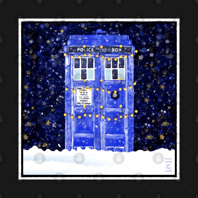 Blue Police Box With Christmas Lights Snow and Stars by OrionLodubyal