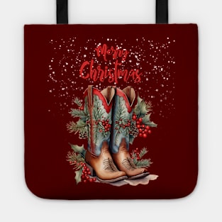 Merry Christmas, Christmas gifts and cowgirl boots, mistletoe branches, hawthorn and pine branches with pine cones Tote