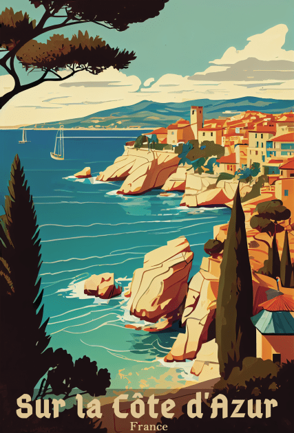 Sur La Cote d' Azur France, French Riviera, Vintage Travel Poster Kids T-Shirt by GreenMary Design