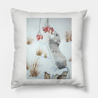 Cute mouse and red berries snow scene wildlife Pillow