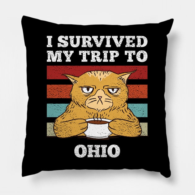 I Survived My Trip To Ohio Vintage Tired Cat Coffee Pillow by plainlyfashion