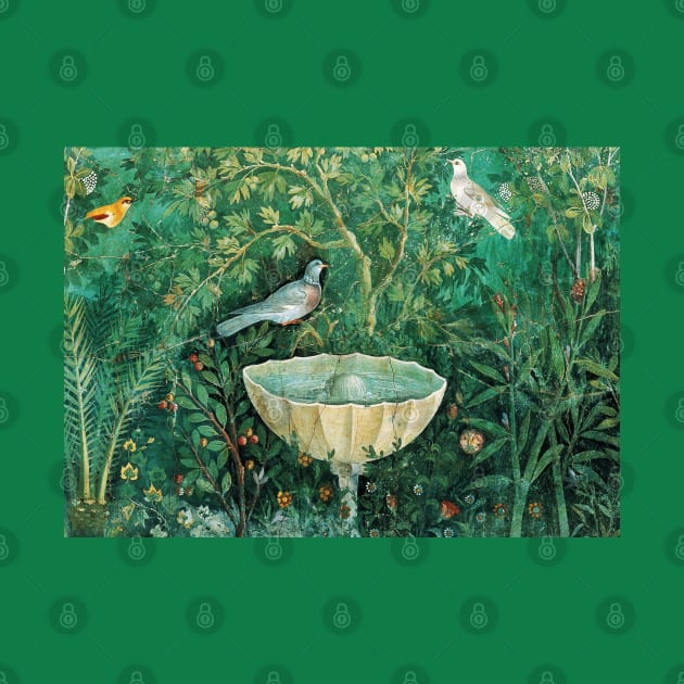 POMPEII COLLECTION,LITTLE BIRDS,DOVES AND FOUNTAIN IN GARDEN ,GREEN FLORAL by BulganLumini