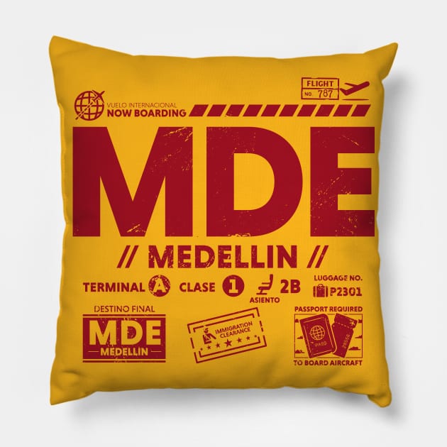 Vintage Medellin MDE Airport Code Travel Day Retro Travel Tag B Pillow by Now Boarding