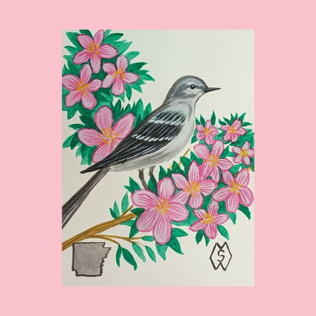 Arkansas state bird and flower, the mockingbird and apple blossom by Matt Starr Fine Art