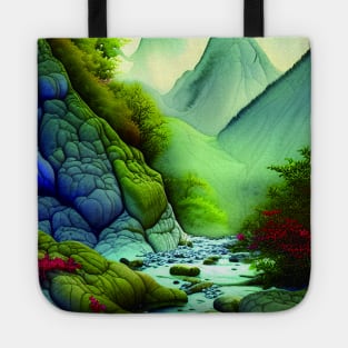 Digital painting of Mountains and River with blue Theme Tote