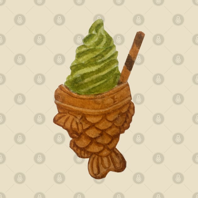 Taiyaki Matcha Ice Cream watercolour painting by toffany's