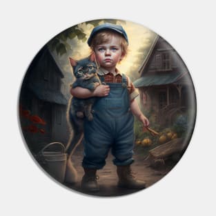 Young boy in his denim coveralls carrying his cat. Pin