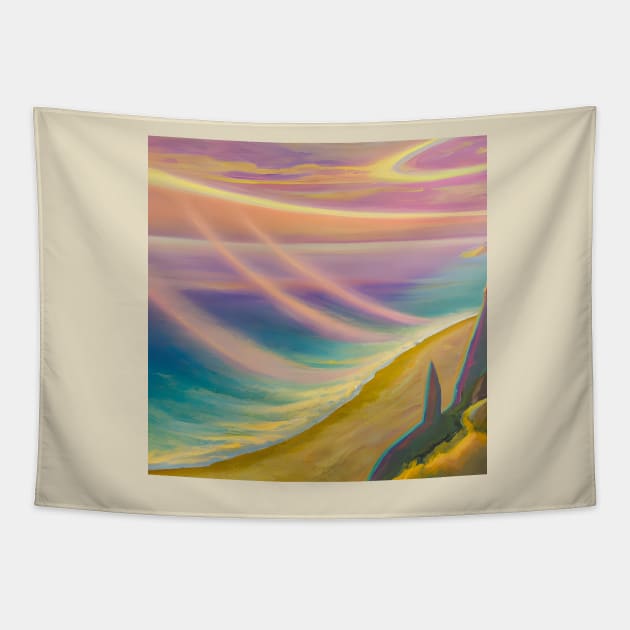 Fantasy Cartoon Beach Sunset Tapestry by druidwolfart